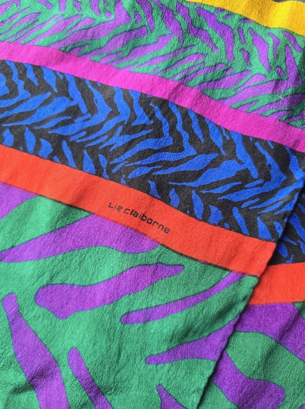 Liz Claiborne Vintage Scarf Blue Black Zebra Rainbow Stripe Oblong 80s Colorful